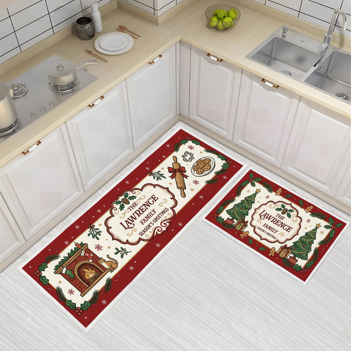 Personalized Cozy Fireplace Season's Greetings Christmas kitchen mat set with custom family name