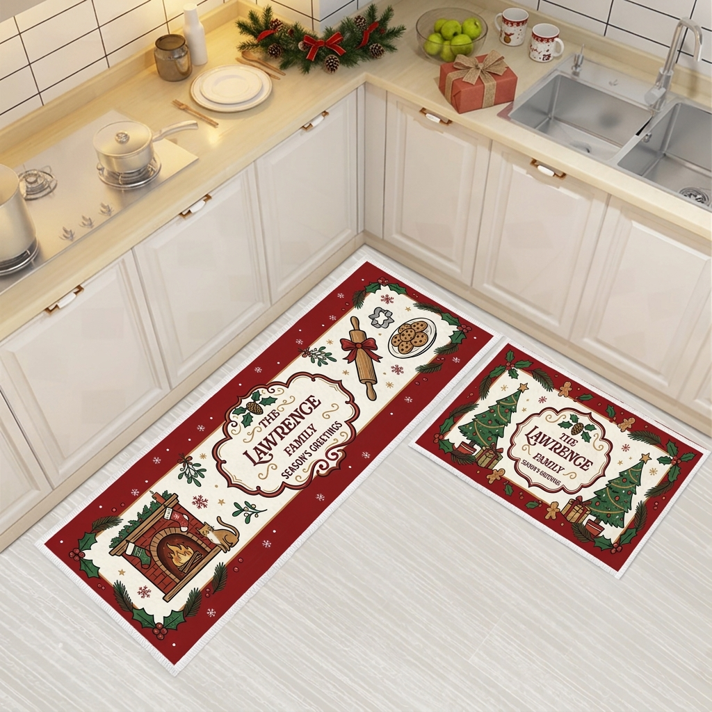 Personalized Cozy Fireplace Season's Greetings Christmas kitchen mat set, view 3