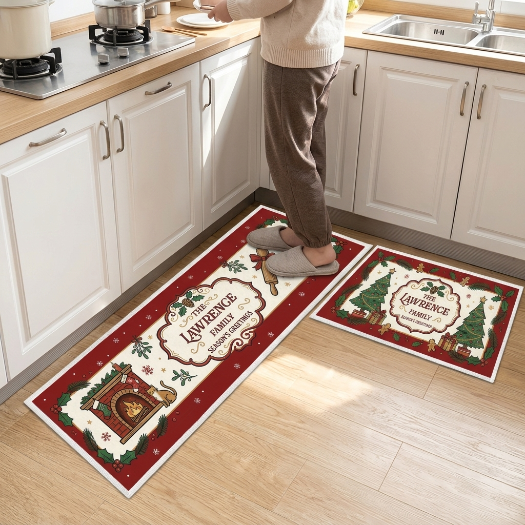 Personalized Cozy Fireplace Season's Greetings Christmas kitchen mat set, view 4