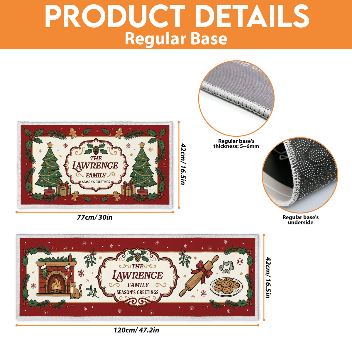 Kitchen mat size guide: 16.5 x 30 in and 16.5 x 47.2 in with regular base details