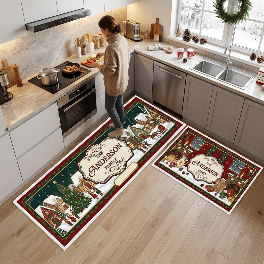 Personalized Snowy Christmas Village Plaque kitchen mat set in a cozy holiday kitchen