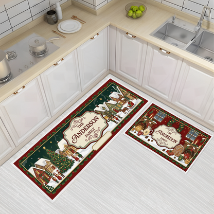 Personalized Snowy Christmas Village Plaque kitchen mat set with custom family name