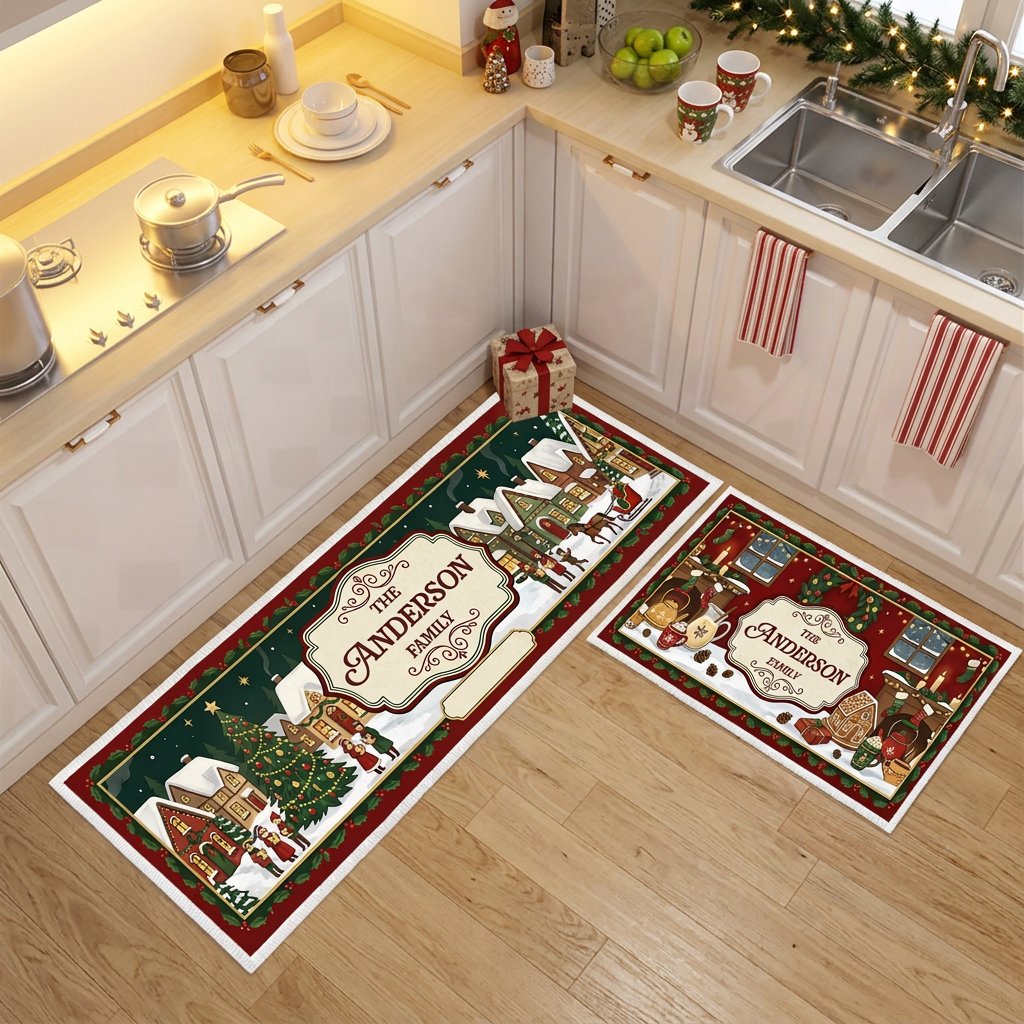 Personalized Snowy Christmas Village Plaque kitchen mat set, view 3