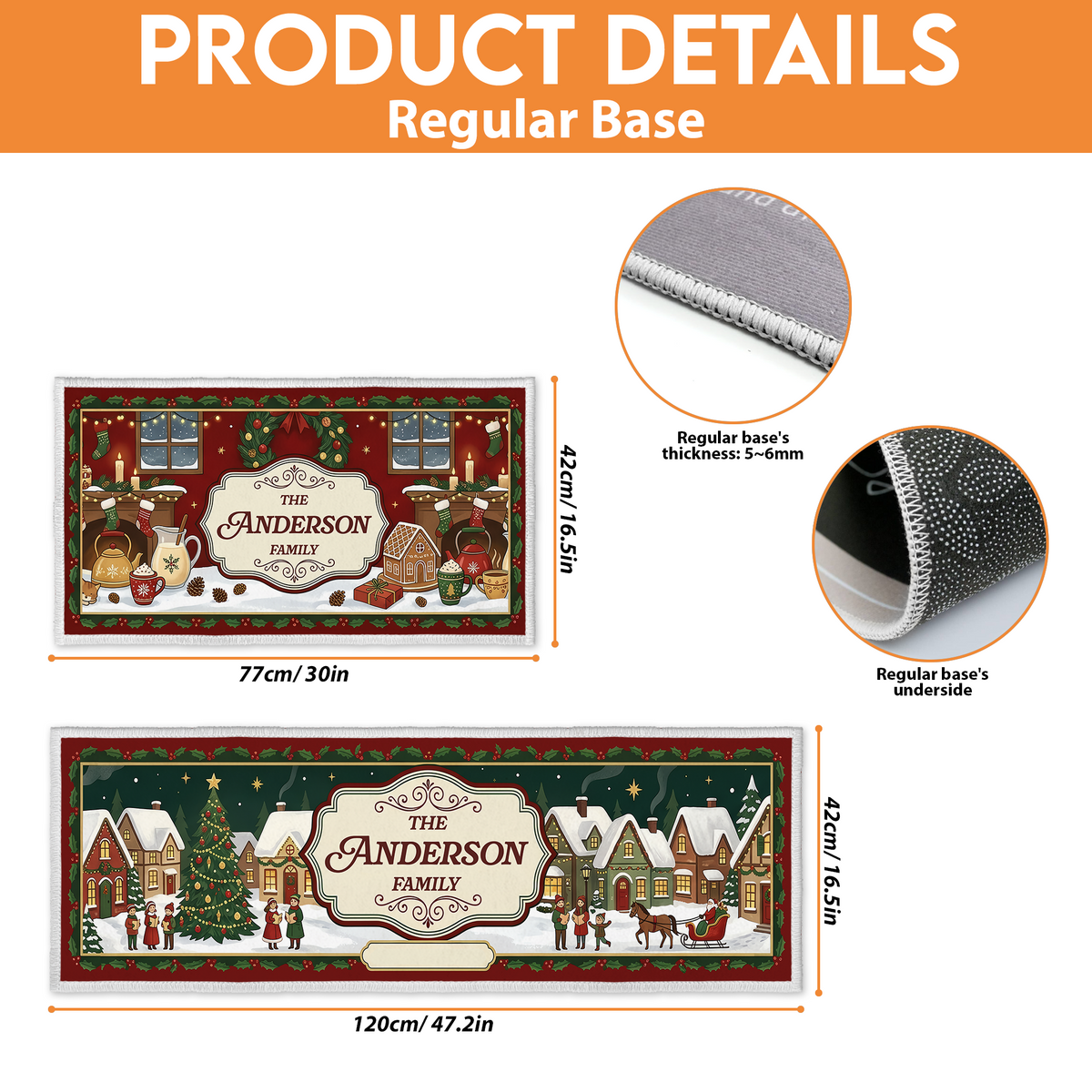 Kitchen mat size guide: 16.5 x 30 in and 16.5 x 47.2 in with regular base details
