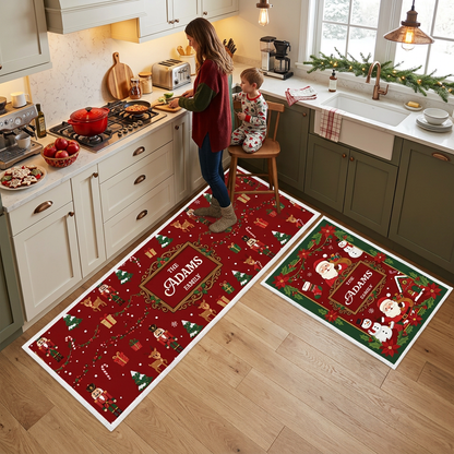 Personalized Santa Reindeer Holiday Pattern Christmas kitchen mat set in a cozy holiday kitchen