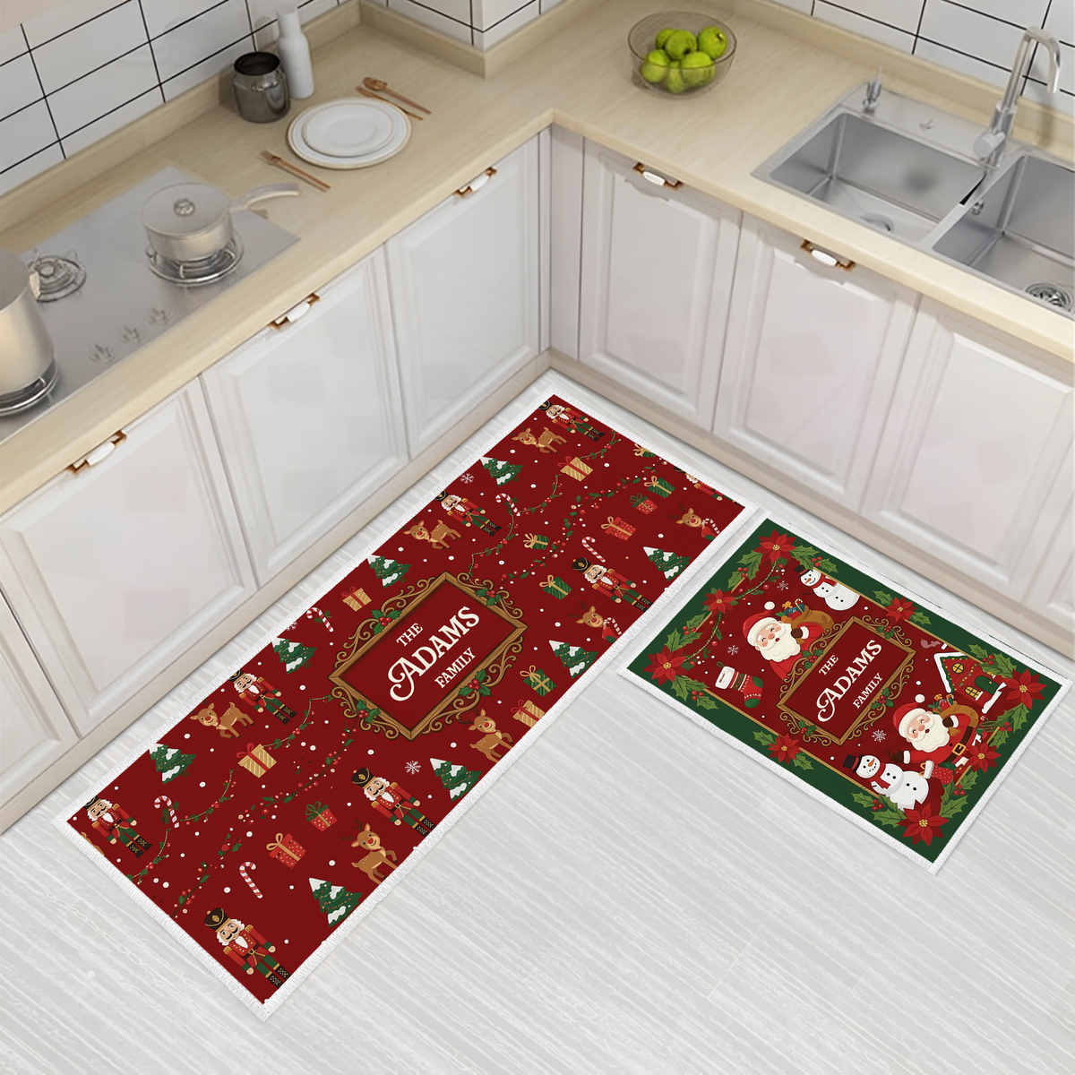 Personalized Santa Reindeer Holiday Pattern Christmas kitchen mat set with custom family name