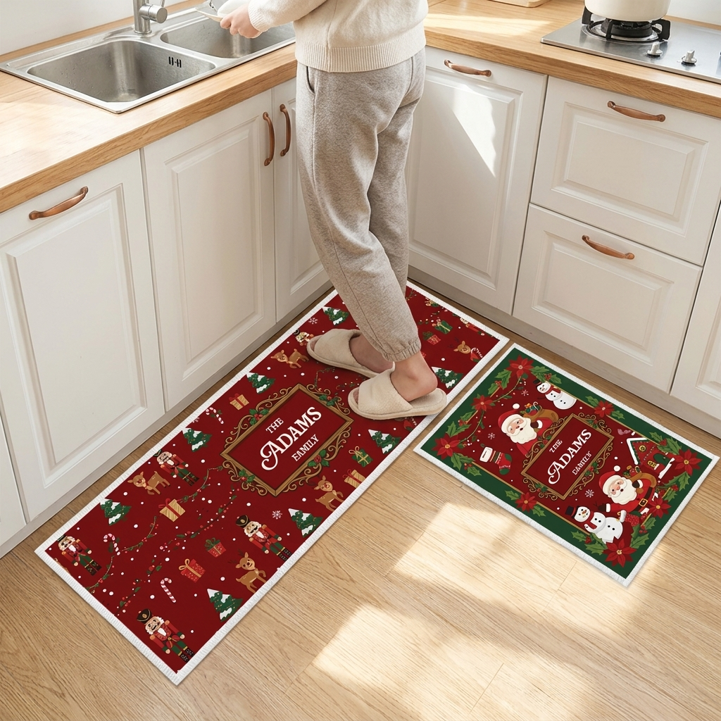 Personalized Santa Reindeer Holiday Pattern Christmas kitchen mat set, view 4