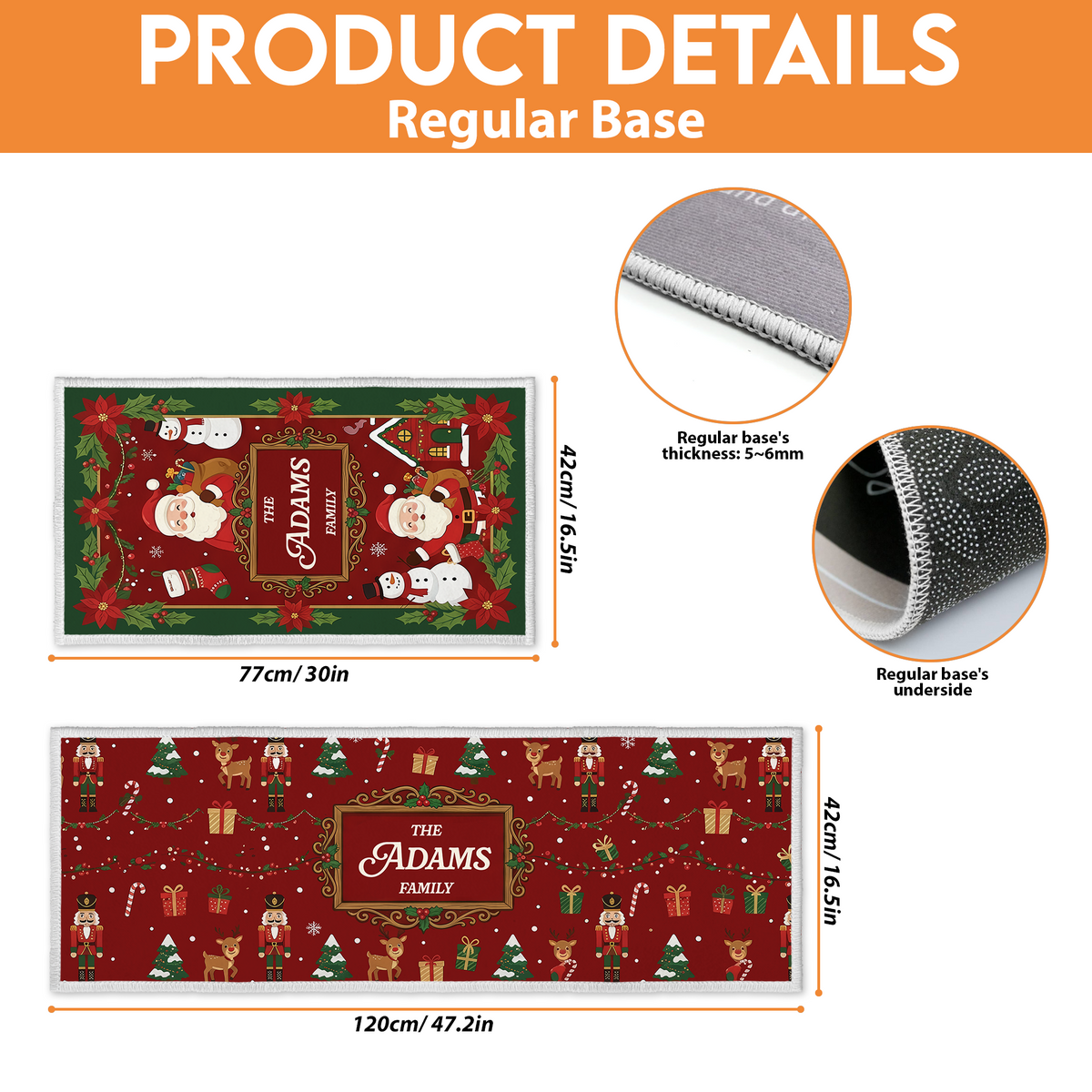 Kitchen mat size guide: 16.5 x 30 in and 16.5 x 47.2 in with regular base details