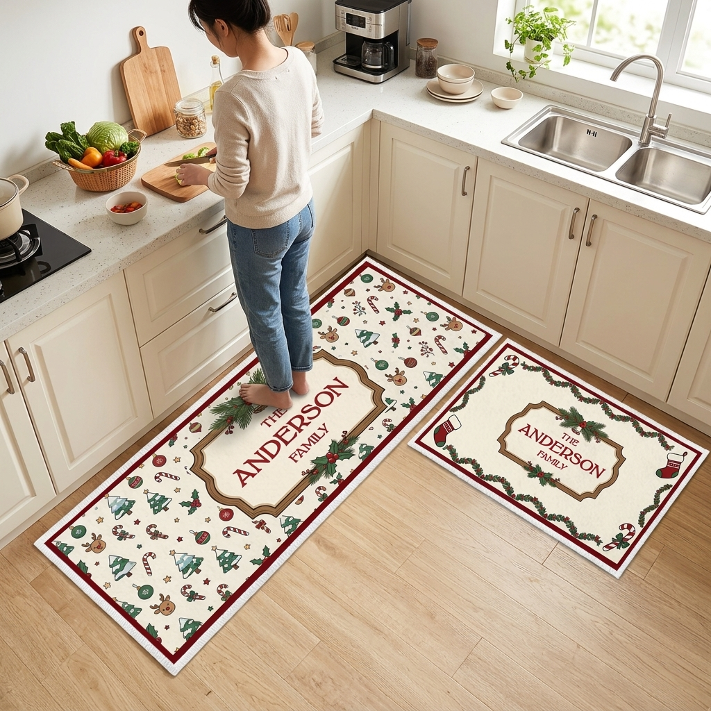 Personalized Holly Frame Christmas Icons kitchen mat set in a cozy holiday kitchen