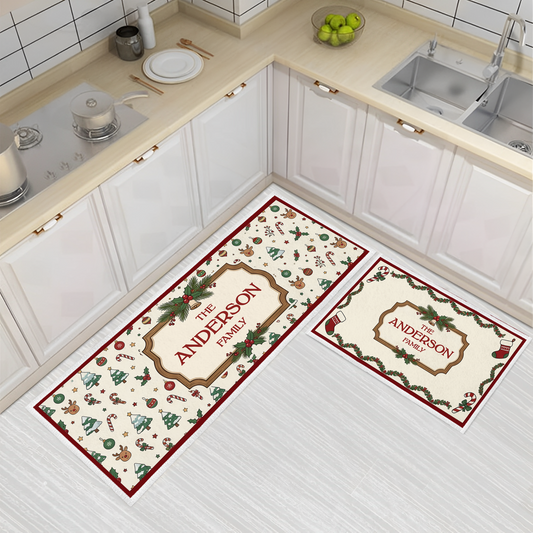 Personalized Holly Frame Christmas Icons kitchen mat set with custom family name