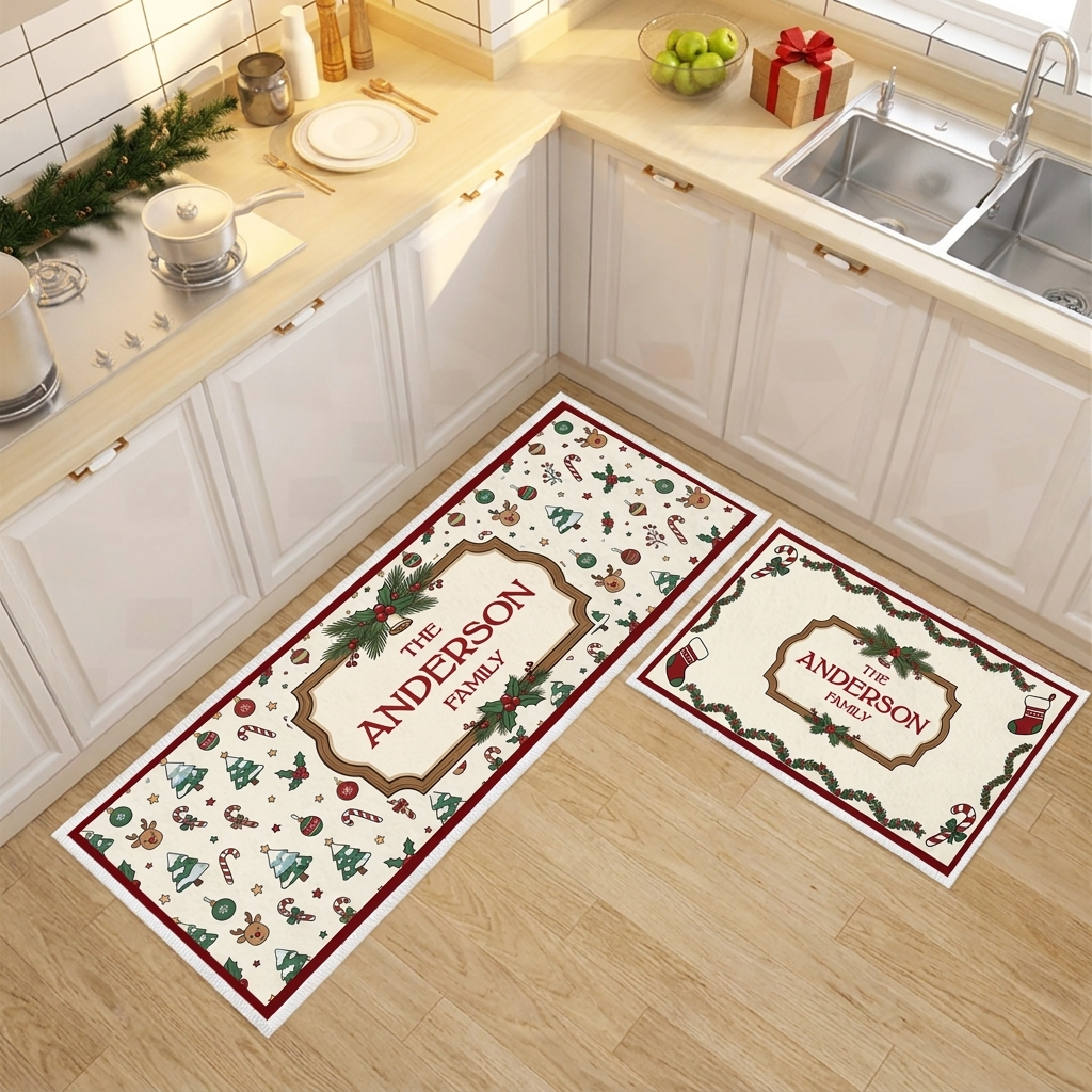 Personalized Holly Frame Christmas Icons kitchen mat set, view 3