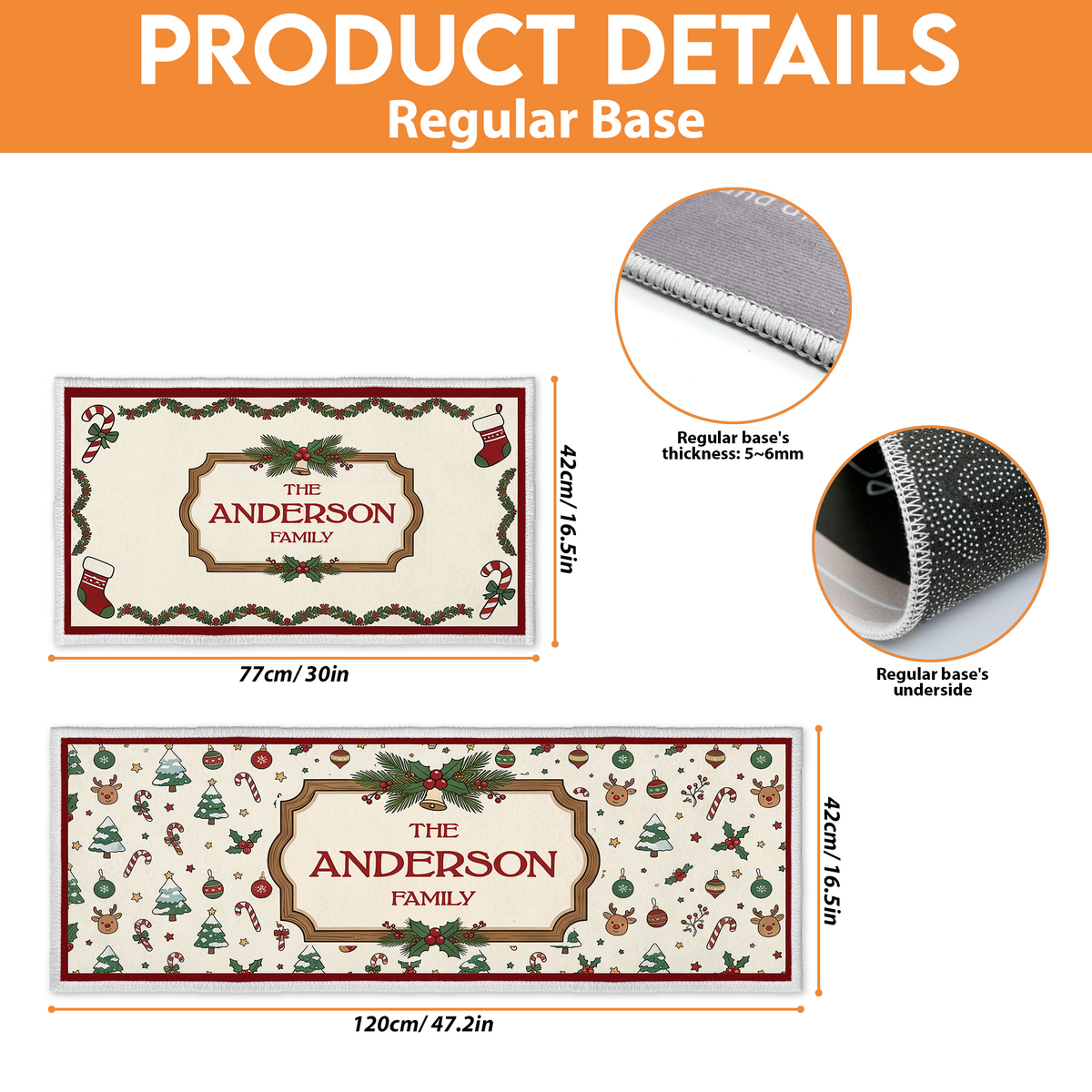 Kitchen mat size guide: 16.5 x 30 in and 16.5 x 47.2 in with regular base details