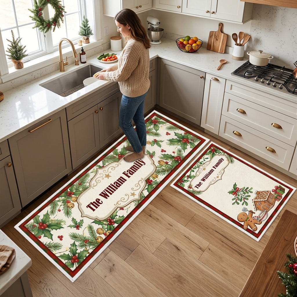 Personalized Holly Pine Gingerbread House Christmas kitchen mat set in a cozy holiday kitchen