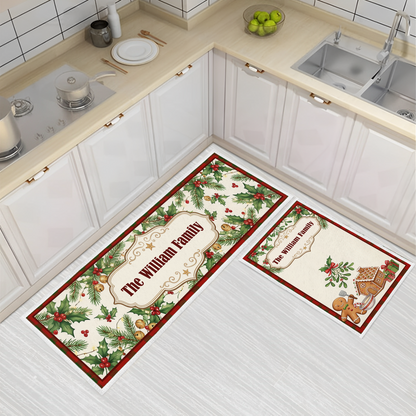 Personalized Holly Pine Gingerbread House Christmas kitchen mat set with custom family name