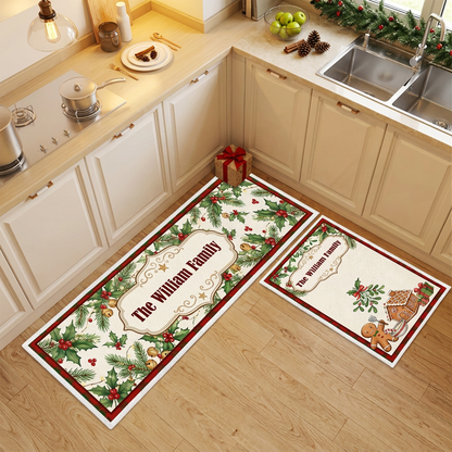 Personalized Holly Pine Gingerbread House Christmas kitchen mat set, view 3