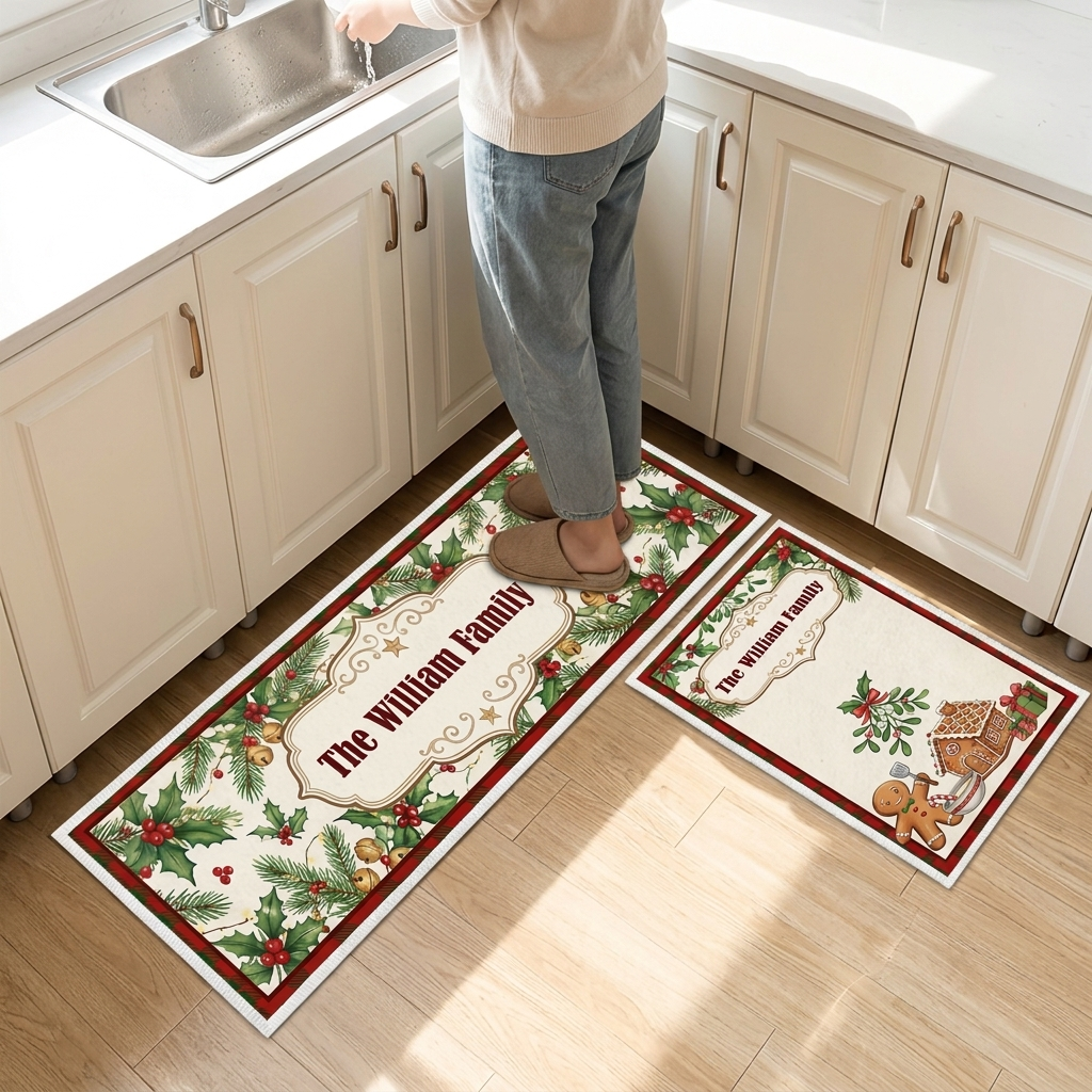 Personalized Holly Pine Gingerbread House Christmas kitchen mat set, view 4