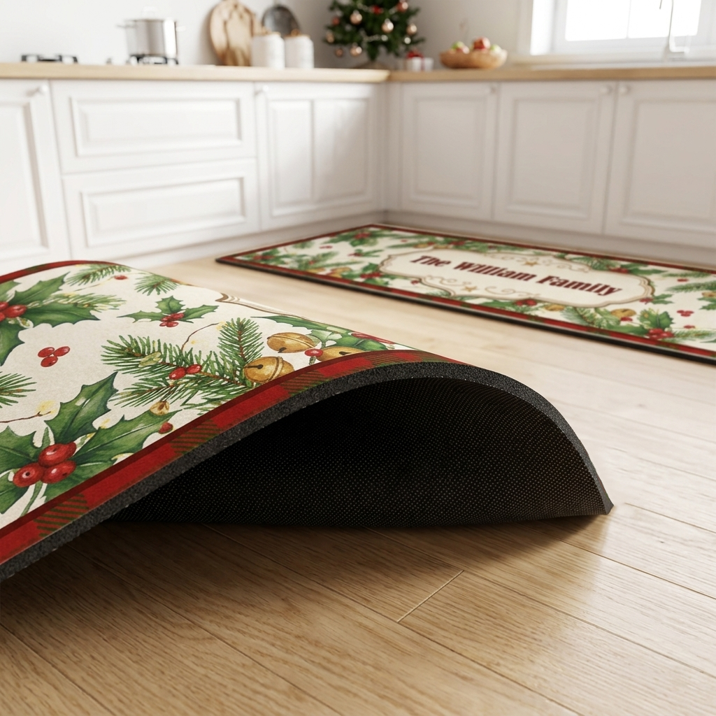 Personalized Holly Pine Gingerbread House Christmas kitchen mat set, view 5