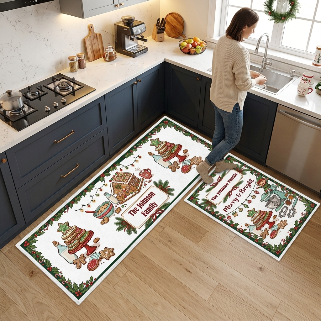 Personalized Gingerbread Bakery Merry Bright Christmas kitchen mat set in a cozy holiday kitchen
