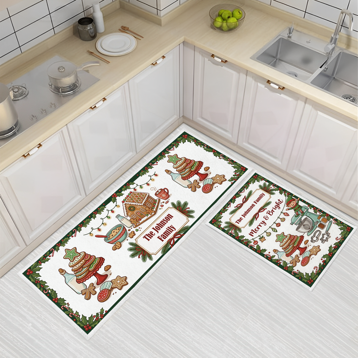 Personalized Gingerbread Bakery Merry Bright Christmas kitchen mat set with custom family name