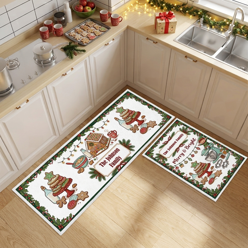 Personalized Gingerbread Bakery Merry Bright Christmas kitchen mat set, view 3
