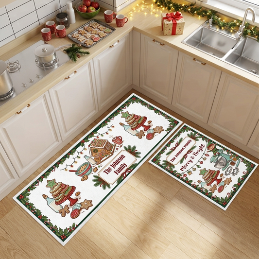 Personalized Gingerbread Bakery Merry Bright Christmas kitchen mat set, view 3