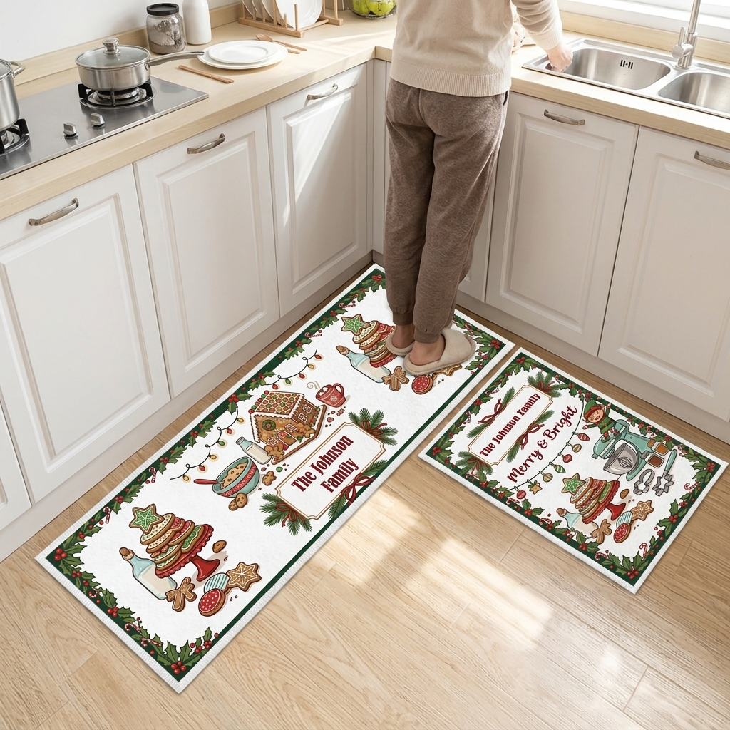 Personalized Gingerbread Bakery Merry Bright Christmas kitchen mat set, view 4