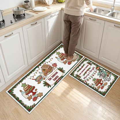 Personalized Gingerbread Bakery Merry Bright Christmas kitchen mat set, view 4
