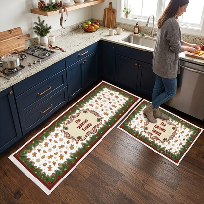 Personalized Gingerbread Snowman Cookies Christmas kitchen mat set in a cozy holiday kitchen