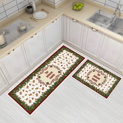 Personalized Gingerbread Snowman Cookies Christmas kitchen mat set with custom family name