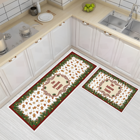 Personalized Gingerbread Snowman Cookies Christmas kitchen mat set with custom family name