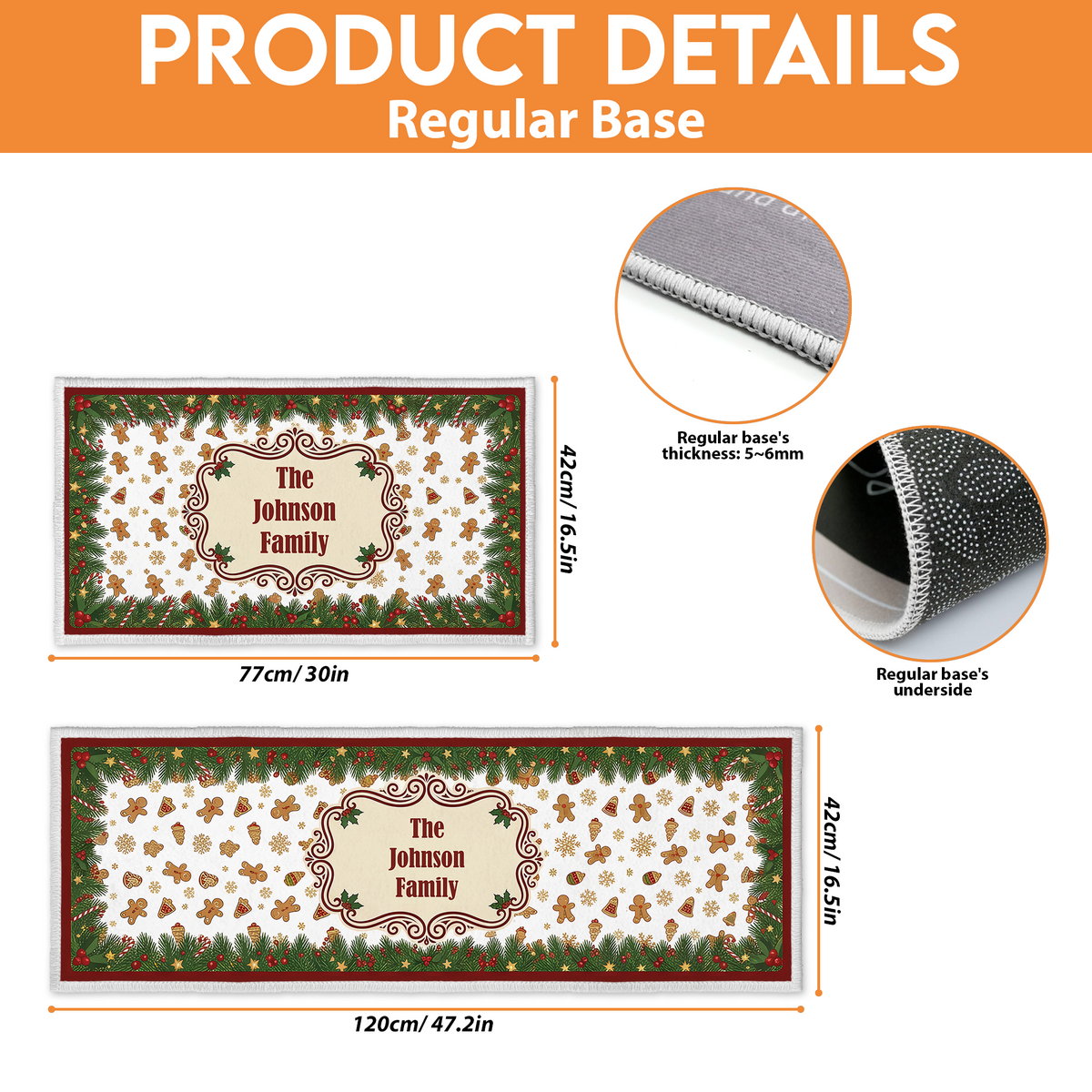 Kitchen mat size guide: 16.5 x 30 in and 16.5 x 47.2 in with regular base details