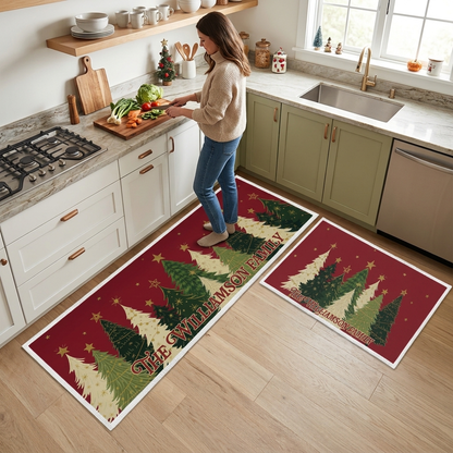Personalized Christmas Tree Forest Stars kitchen mat set in a cozy holiday kitchen