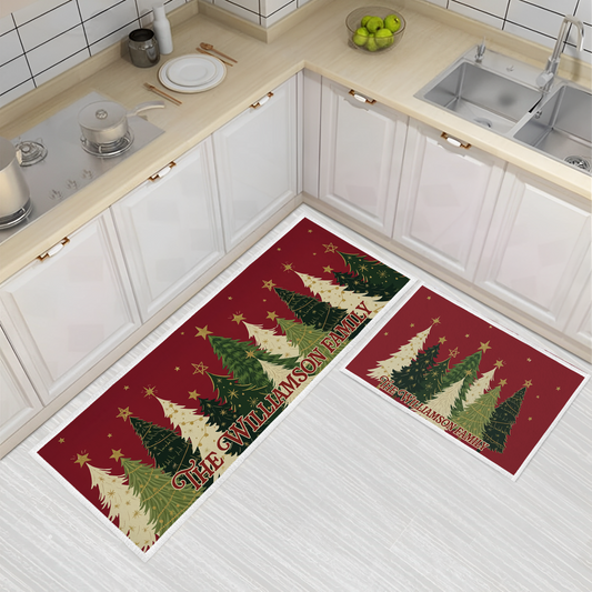 Personalized Christmas Tree Forest Stars kitchen mat set with custom family name
