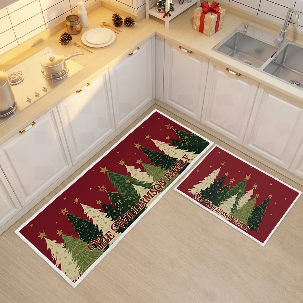 Personalized Christmas Tree Forest Stars kitchen mat set, view 3