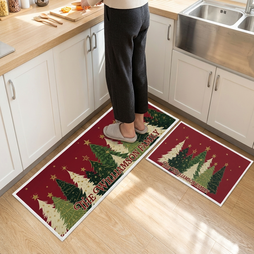 Personalized Christmas Tree Forest Stars kitchen mat set, view 4