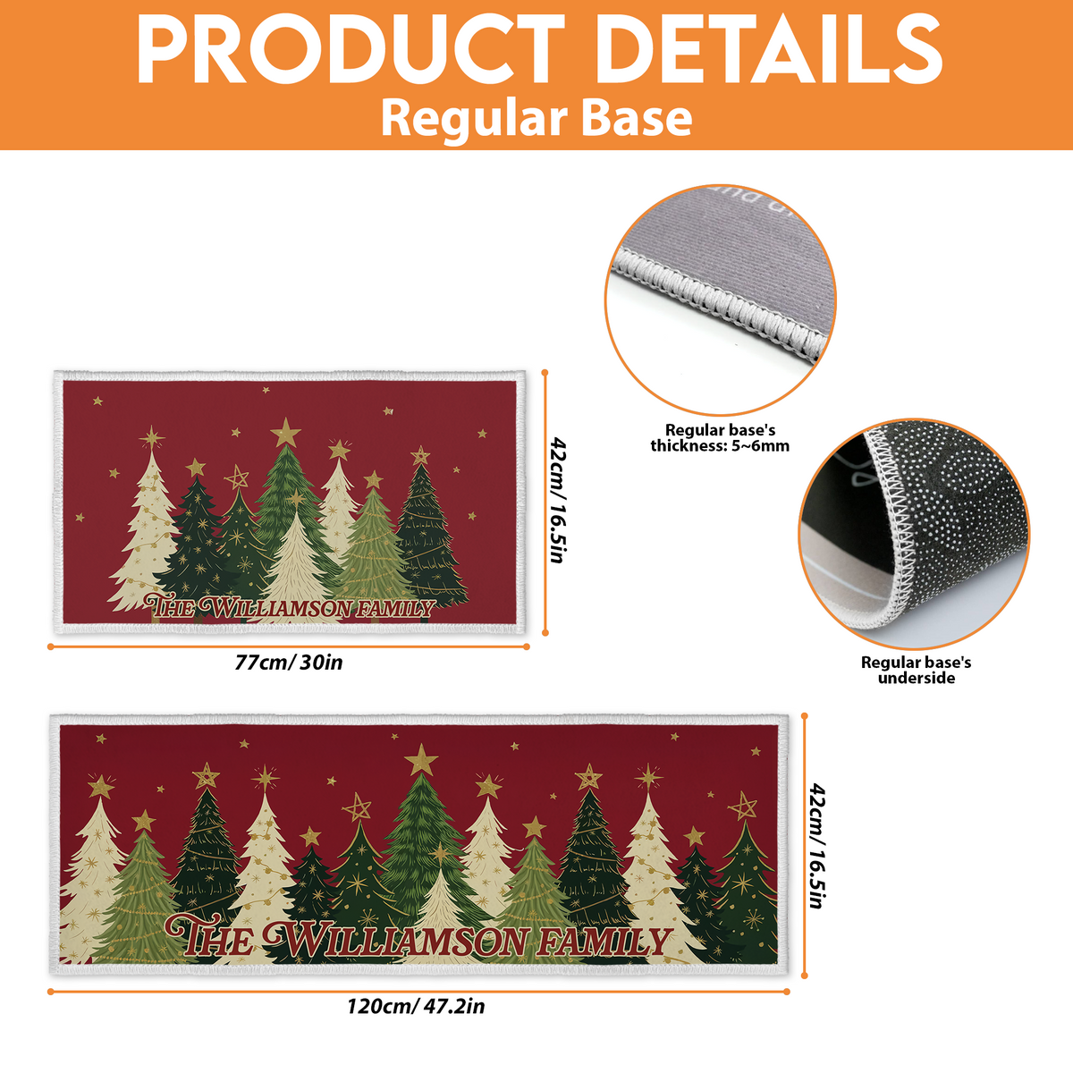 Kitchen mat size guide: 16.5 x 30 in and 16.5 x 47.2 in with regular base details