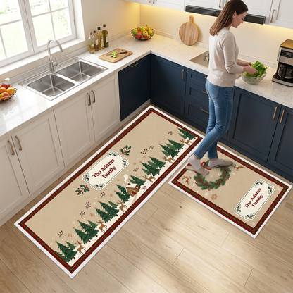 Personalized Woodland Reindeer Wreath Christmas kitchen mat set in a cozy holiday kitchen