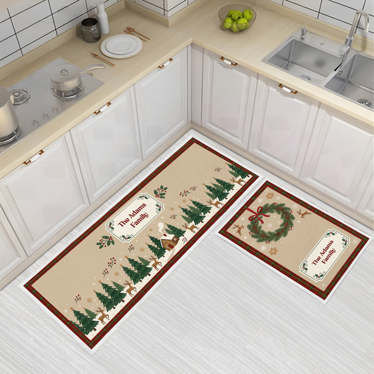 Personalized Woodland Reindeer Wreath Christmas kitchen mat set with custom family name