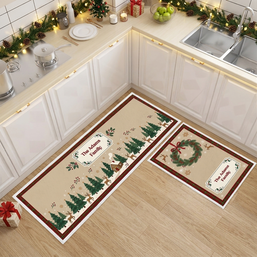 Personalized Woodland Reindeer Wreath Christmas kitchen mat set, view 3