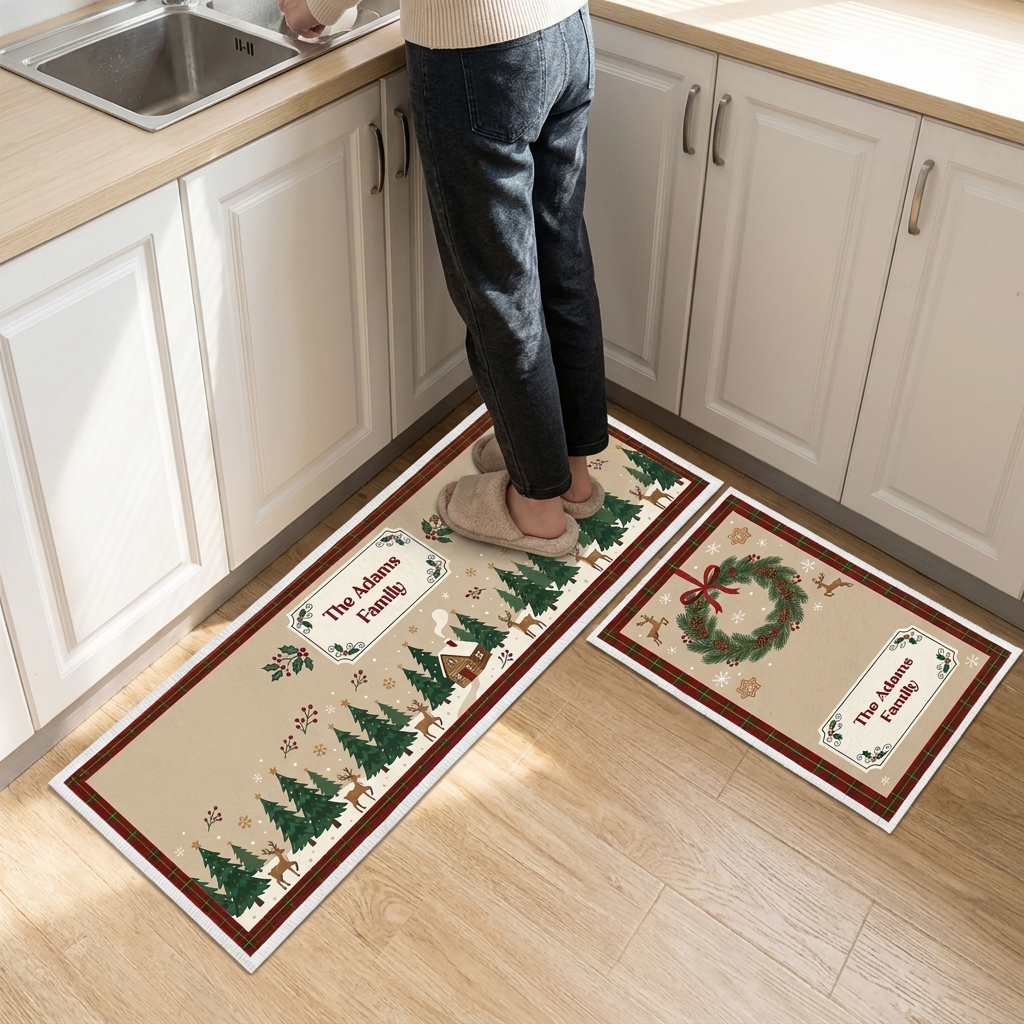 Personalized Woodland Reindeer Wreath Christmas kitchen mat set, view 4