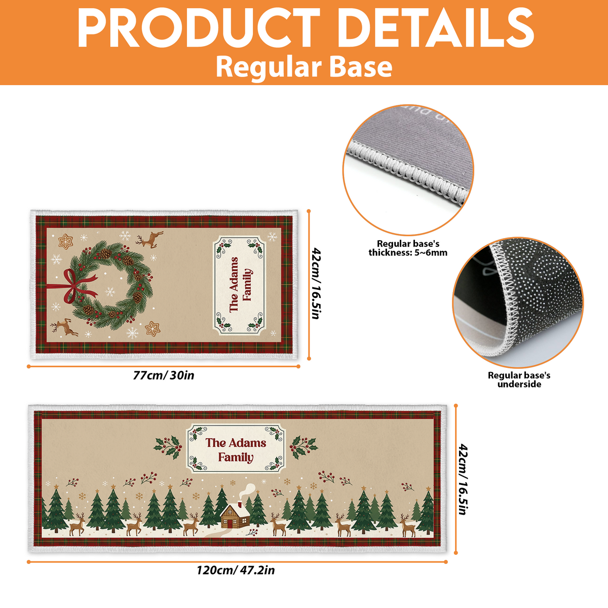Kitchen mat size guide: 16.5 x 30 in and 16.5 x 47.2 in with regular base details