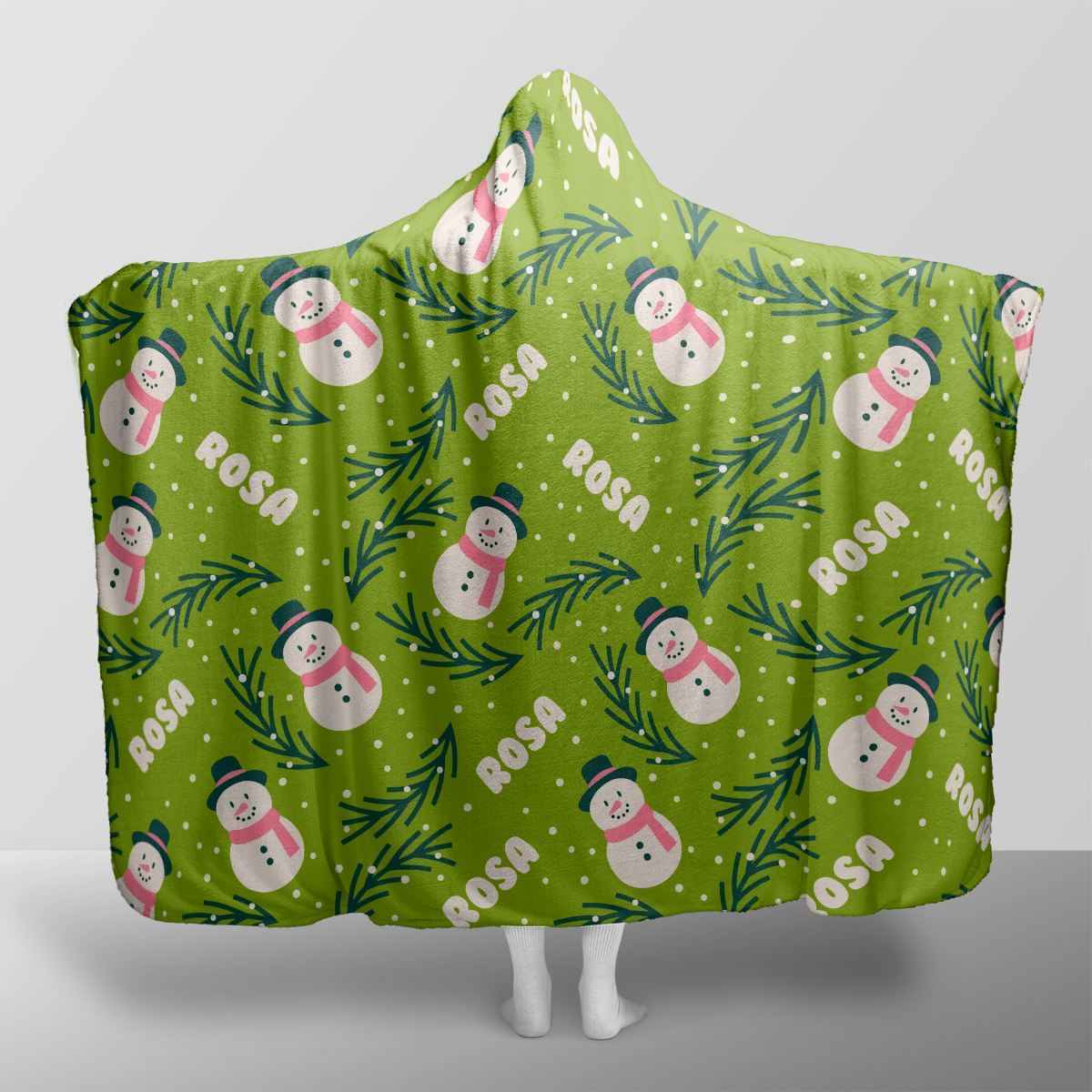 Personalized snowman pine branch pattern Christmas hooded blanket with custom name, back view