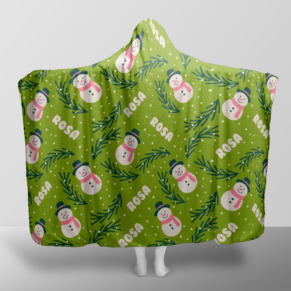 Personalized snowman pine branch pattern Christmas hooded blanket with custom name, back view