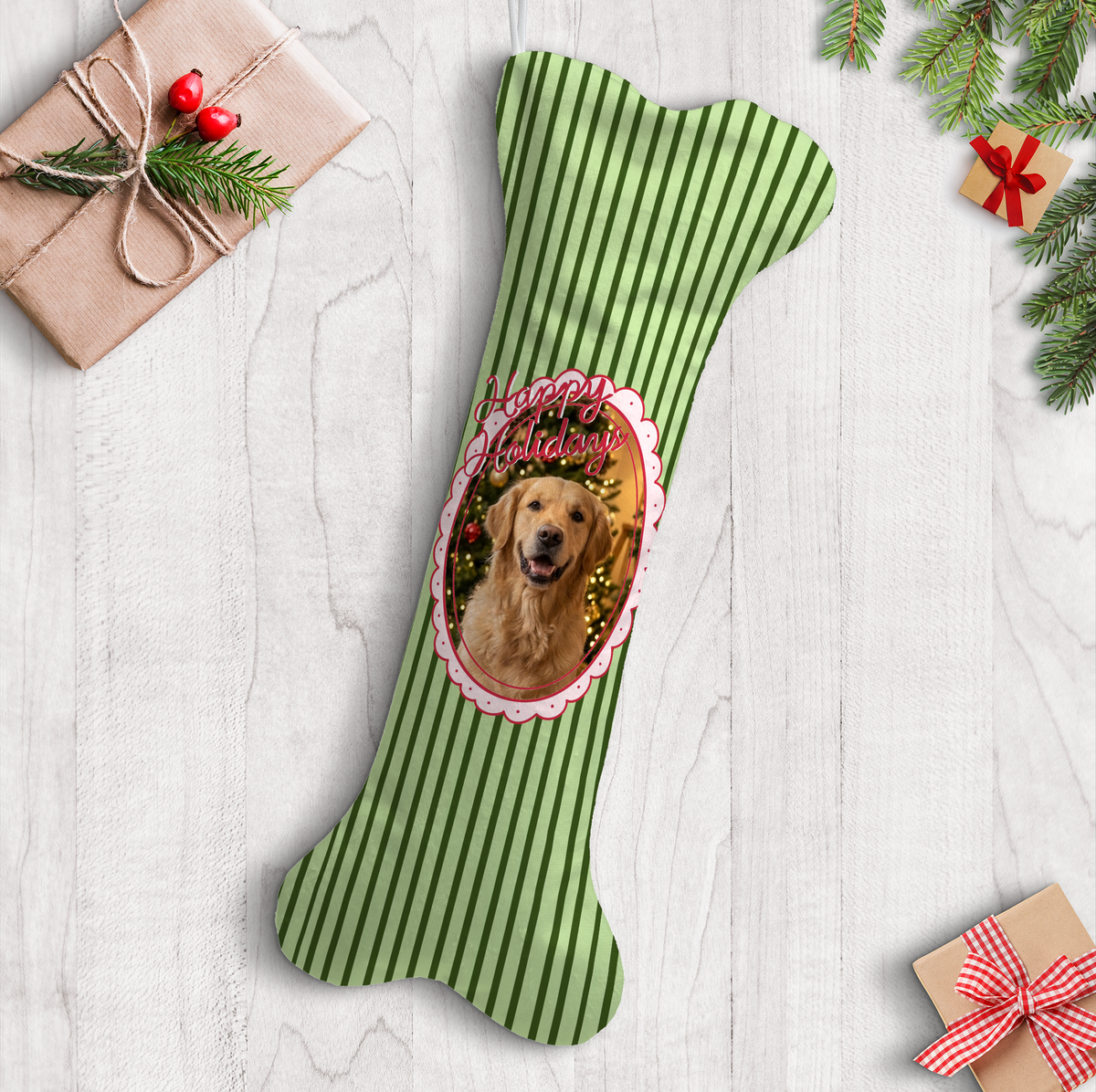 Personalized Happy Holidays Pinstripe dog bone Christmas stocking, view 2