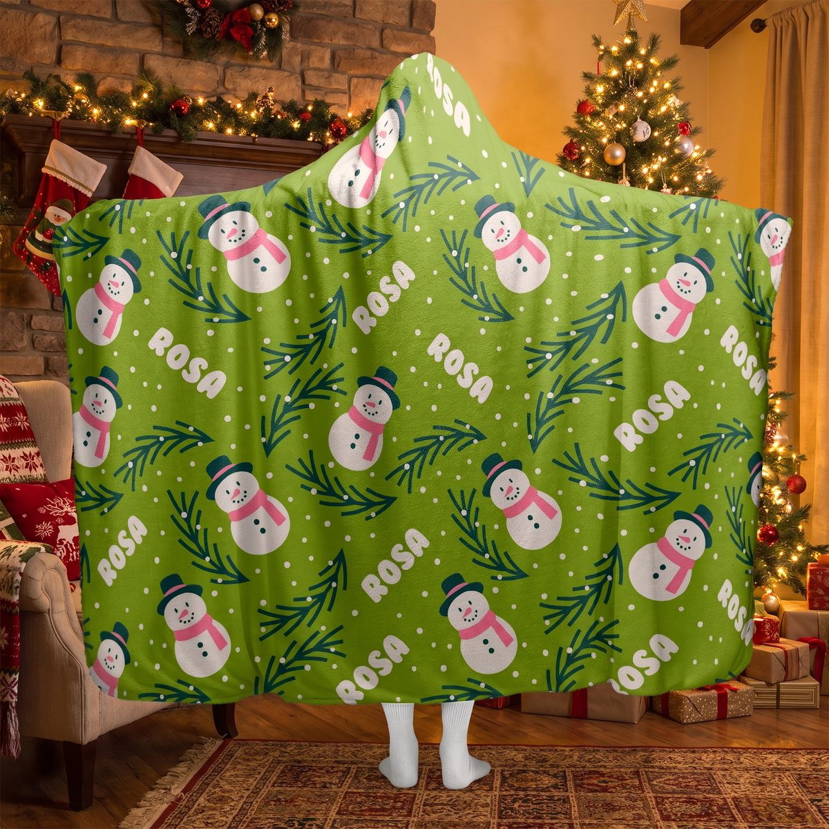 Custom name snowman pine branch pattern Christmas hooded blanket, view 2