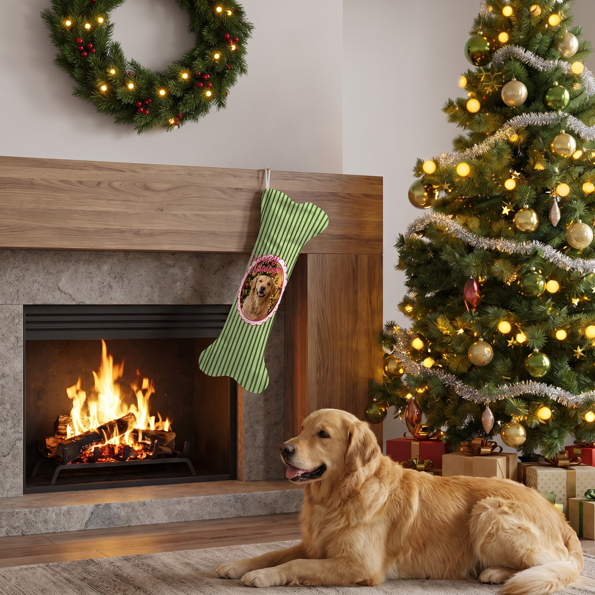 Personalized Happy Holidays Pinstripe dog bone Christmas stocking, view 3