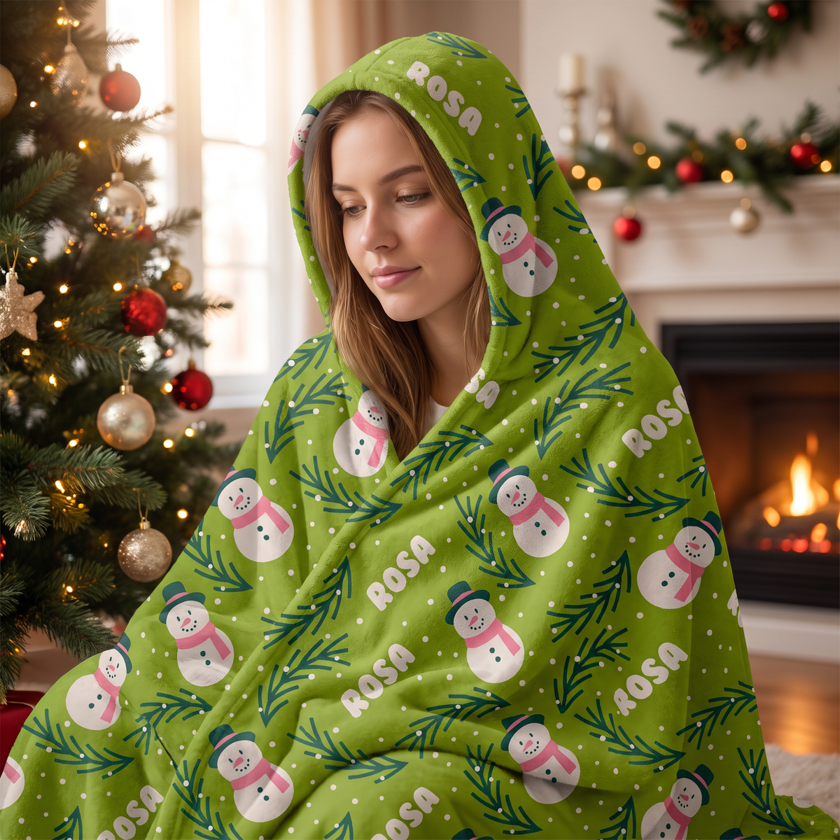 Custom name snowman pine branch pattern Christmas hooded blanket, view 3