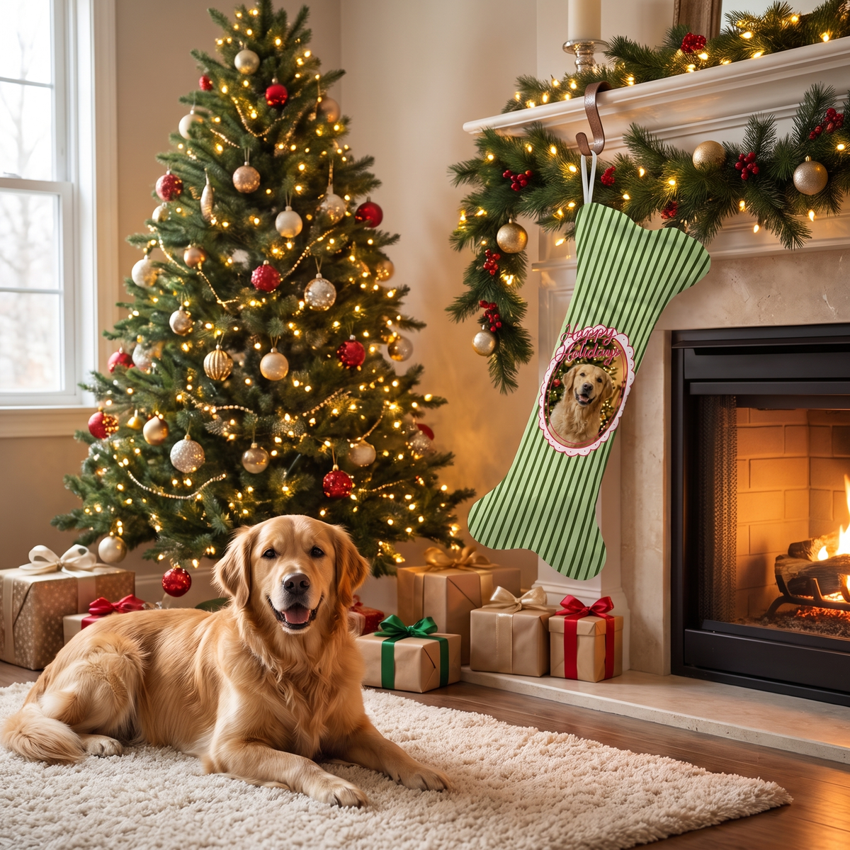 Personalized Happy Holidays Pinstripe dog bone Christmas stocking, view 4