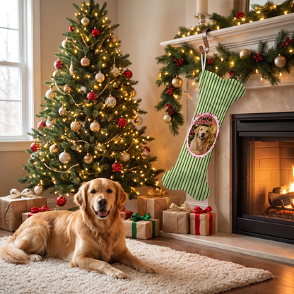 Personalized Happy Holidays Pinstripe dog bone Christmas stocking, view 4