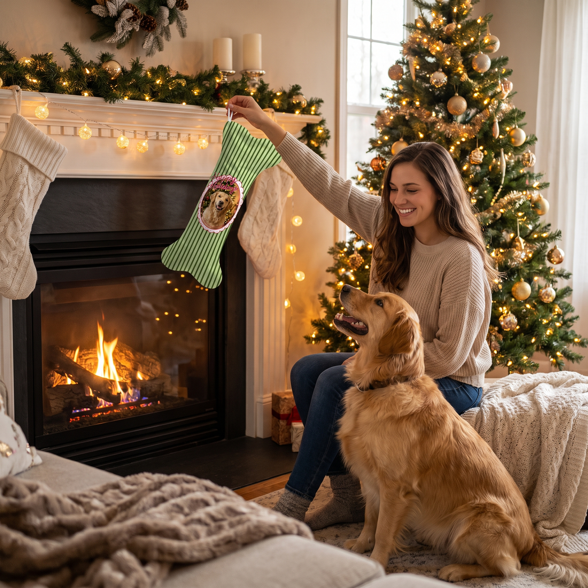Personalized Happy Holidays Pinstripe dog bone Christmas stocking, view 5